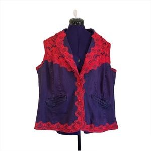 Purple Jean Denim Red Lace Trim Short Sleeve Vest